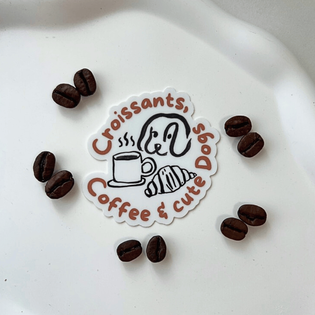 Sticker "Croissants, coffee & cute dogs"