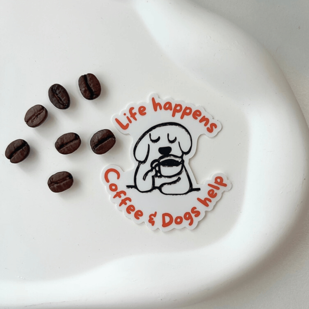 Sticker "Life happens, coffee and dogs help"